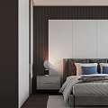Modern Bedroom Interior with Gray Bed Blue Pillows Pendant Lights and White Wardrobes