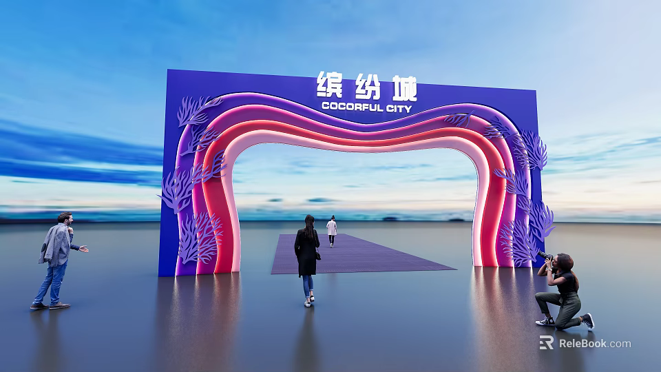 Colourful City Event Entrance With Blue Arch Neon Lights And People Taking 3d model 