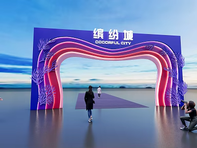 Colourful City Event Entrance With Blue Arch Neon Lights And People Taking 3d model