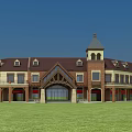 Traditional Commercial Street With Brown Sloped Roofs And Green Lawn Surroundings