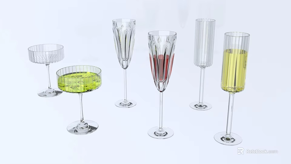 Various Wine Glasses In Different Shapes With Colored Green Red Yellow Liquids 3d model 