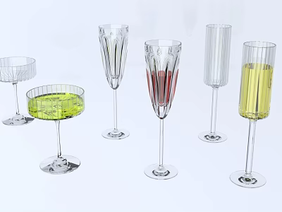 Various Wine Glasses In Different Shapes With Colored Green Red Yellow Liquids 3d model