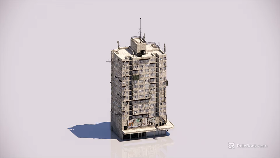 Tall High Rise Building With Scaffolding Gray Exterior And Rooftop Equipment 3d model 