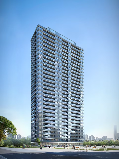 Modern High Rise Residential Building With Glass Facade Windows And Blue Sky Background 3d model 