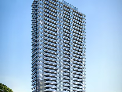 Modern High Rise Residential Building With Glass Facade Windows And Blue Sky Background 3d model