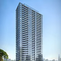 Modern High Rise Residential Building With Glass Facade Windows And Blue Sky Background