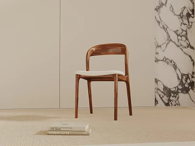 Wooden Dining Chair With Curved Backrest And Light Upholstered Seat Against Marble Wall 3d model
