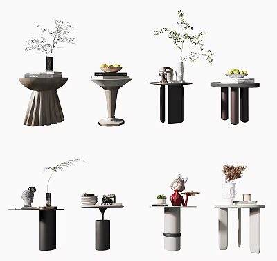 Modern Side Tables With Multiple Designs Featuring Vases Fruit Bowls And Decorative Plants 3d model