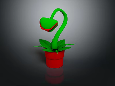 Decorative Green Plant With Curved Stem Red Green Flower And Red Pot 3d model