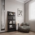 Stylish Interior Featuring Black And White Striped Bean Bag Chair Bookshelf Table Lamp And Wall Art