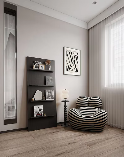 Stylish Interior Featuring Black And White Striped Bean Bag Chair Bookshelf Table Lamp And Wall Art 3d model