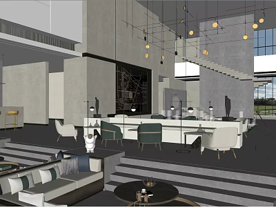 Modern Sales Office Interior Design With Hanging Lights Sofas Tables Large Windows And Stairs 3d model