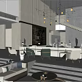 Modern Sales Office Interior Design With Hanging Lights Sofas Tables Large Windows And Stairs