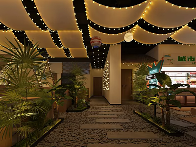 Elegant Hotpot Restaurant Interior With Ceiling Lights Green Plants And Stone Pathway 3d model