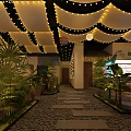Elegant Hotpot Restaurant Interior With Ceiling Lights Green Plants And Stone Pathway