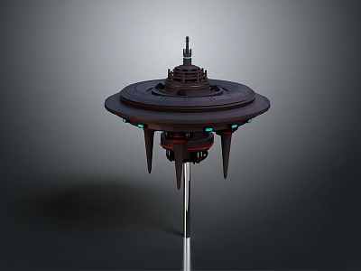 Cosmic Disc Shaped Spacecraft Model With Multi Layered Structure Green Lights And Spiked Base 3d model