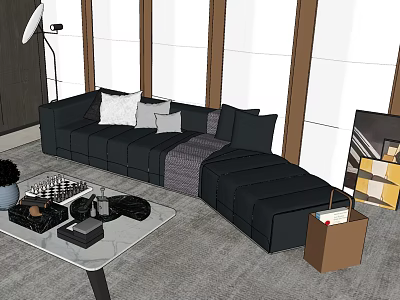 Floor Lamp Illuminating Modern Living Room with Black Sectional Sofa Pillows and Glass Coffee Table 3d model