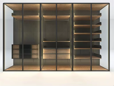 Modern Wardrobe Design With Glass Doors Wooden Interior Shelves And Lighting 3d model