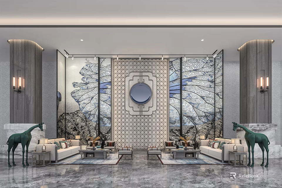 Modern Hotel Public Lounge Area Interior With Artistic Wall Sofas And Marble Floor Design 3d model 