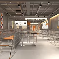 Spacious Hotpot Restaurant Interior With Tables Chairs Wall Posters And Ceiling Lights