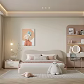 Modern Bedroom Interior With Beige Walls Bedside Painting And Pink Gray Pillows