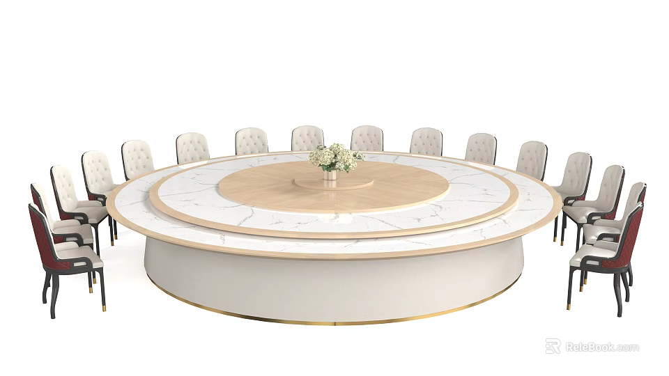 Elegant Round Dining Table Set With Marble Top Wooden Lazy Susan And Upholstered Chairs 3d model 