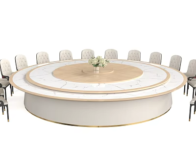 Elegant Round Dining Table Set With Marble Top Wooden Lazy Susan And Upholstered Chairs 3d model