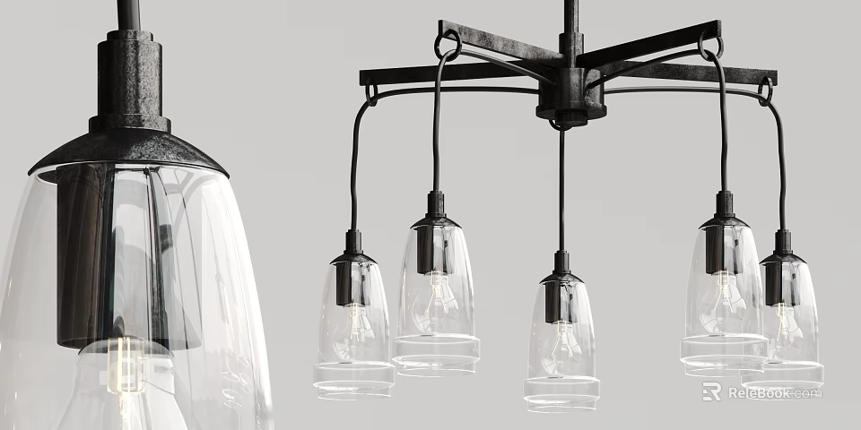 Black Metal Frame Chandelier With Transparent Glass Shades And Multiple Hanging Bulbs 3d model 