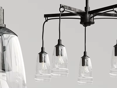 Black Metal Frame Chandelier With Transparent Glass Shades And Multiple Hanging Bulbs 3d model