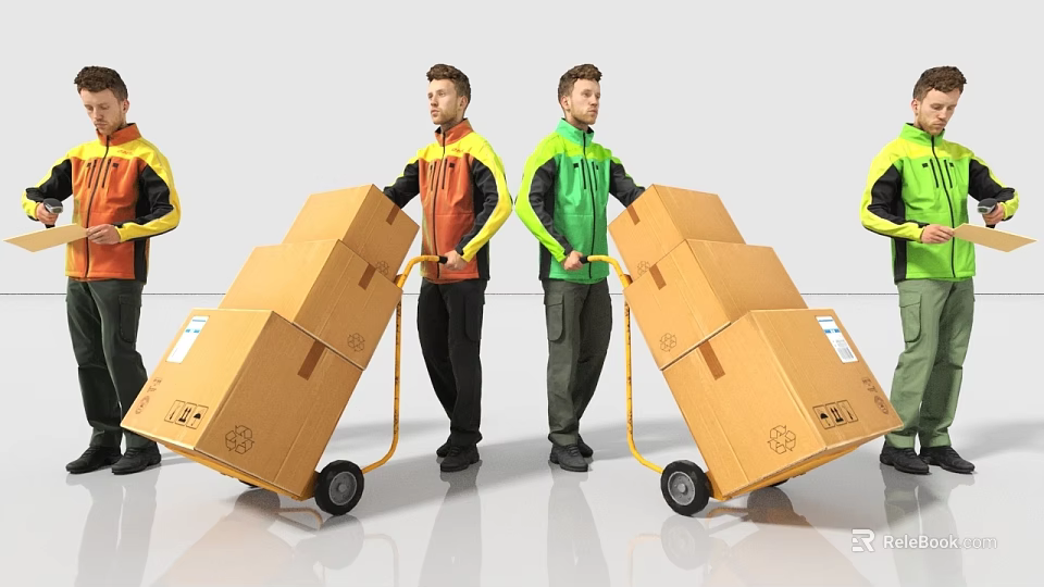 Two Workers In Work Uniforms Pushing Trolleys Loaded With Cardboard Boxes 3d model 