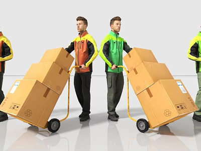 Two Workers In Work Uniforms Pushing Trolleys Loaded With Cardboard Boxes 3d model
