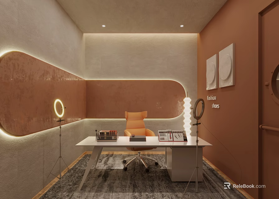 Modern Study Room Interior With White Desk Orange Chair Books Floor Lamp And Wall Art 3d model 