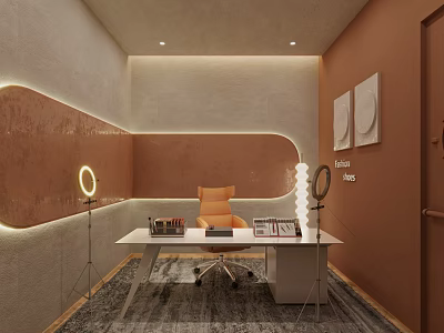 Modern Study Room Interior With White Desk Orange Chair Books Floor Lamp And Wall Art 3d model