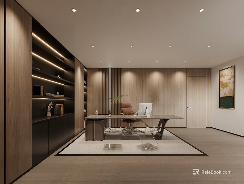 Modern Minimalist Office Interior With Wooden Walls Bookshelves Desk Computer Chair Rug And Lighting 3d model 