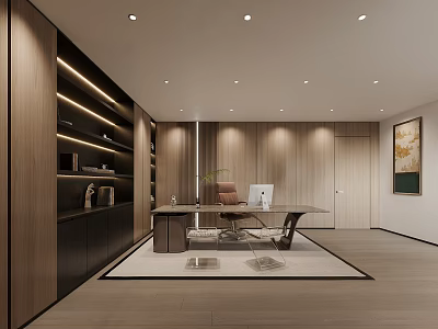 Modern Minimalist Office Interior With Wooden Walls Bookshelves Desk Computer Chair Rug And Lighting 3d model