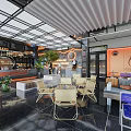 Modern Café Interior Design With Bar Counter Neon Signs Rock Wall Glass Ceiling And Plants
