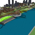 Waterfront Landscape Design With River Urban Green Promenade Pedestrian Paths And City Skyline