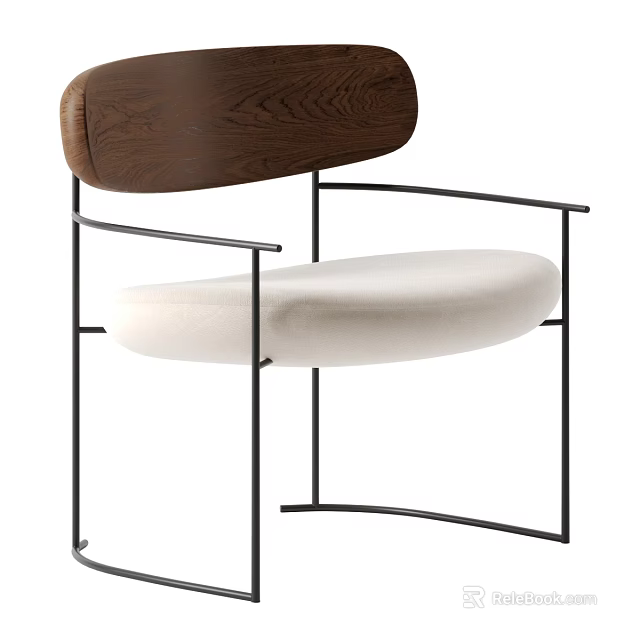 Modern Minimalist Single Chair With Wooden Backrest Light Fabric Seat And Black Metal Frame 3d model 