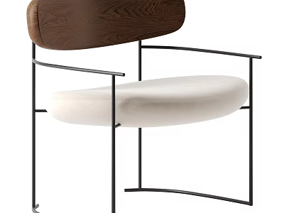 Modern Minimalist Single Chair With Wooden Backrest Light Fabric Seat And Black Metal Frame 3d model