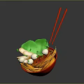 Fresh Colorful Noodle Bowl With Red Chopsticks Green Vegetables And White Mushrooms