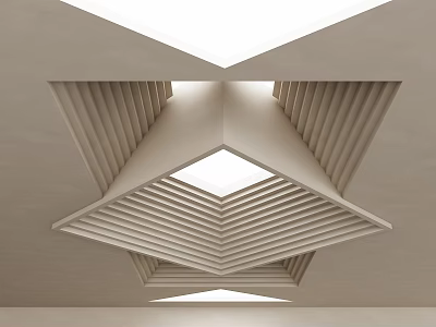 Modern Architectural Ceiling Design With Geometric Layered Wooden Slats And Skylight 3d model