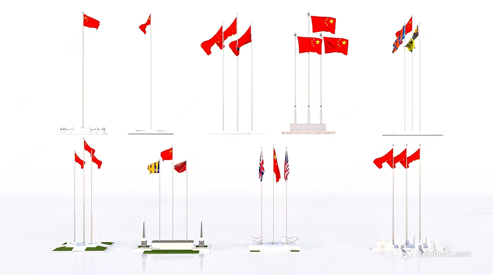 National Flags Flying On Flagpoles In Various Display Arrangements And Designs 3d model 