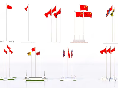 National Flags Flying On Flagpoles In Various Display Arrangements And Designs 3d model