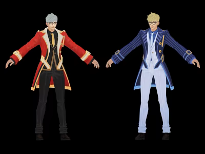 Anime Characters With Red Blue Coats Black White Pants Gray Hat Blonde Hair And Glasses 3d model