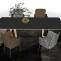 Dark Rectangular Dining Table Set With Fruit Bowl Vase And Checkered Light Brown Chairs 3d model