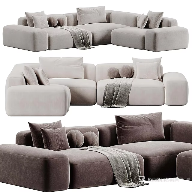 Modern Comfortable Sectional Sofa With Soft Fabric Pillows And Throw Blanket 3d model 