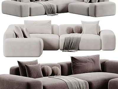 Modern Comfortable Sectional Sofa With Soft Fabric Pillows And Throw Blanket 3d model
