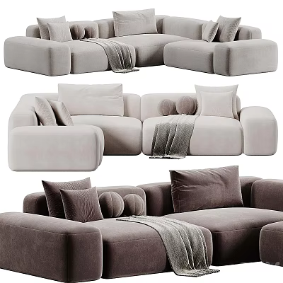 Modern Comfortable Sectional Sofa With Soft Fabric Pillows And Throw Blanket 3d model