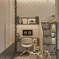 Kids Room Interior With Bunk Bed Staircase Polka Dot Walls Table Chairs And Robot Toy