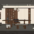 Serene Zen Tea Room Interior Design With Long Wooden Table Hanging Lamps And Potted Plant